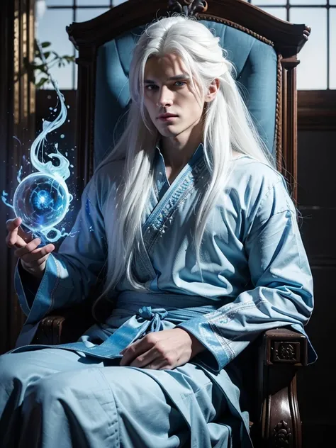 man, very handsome, long white hair, blue eyes, wearing a blue tunic, blue fire flames, blue fire in the background of the image , blue fire, fox eyes, fuller face, with defined jawline, 8k, super detail, top quality, long white hair, no shirt , a god, Sup...