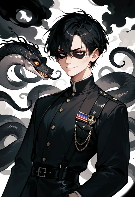 1boy, full figure, (short hair), black hair, black uniform, eyebags, mad, cruel smile, black smoke, black and white noise, smoke snakes