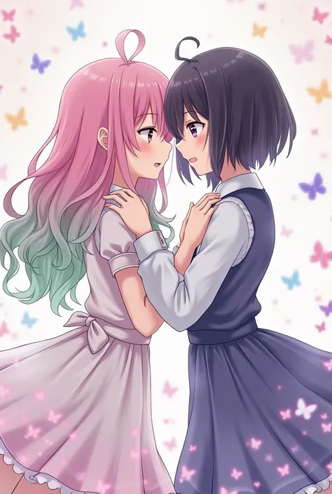 Two young women representing Mitsuri Kanroji and Shinobu Kocchio as a couple,  highlighting their emotional and aesthetic connection .  Mitsuri with her pink and green hair in soft waves ,  and Shinobu with their short black hair with purple reflections , ...