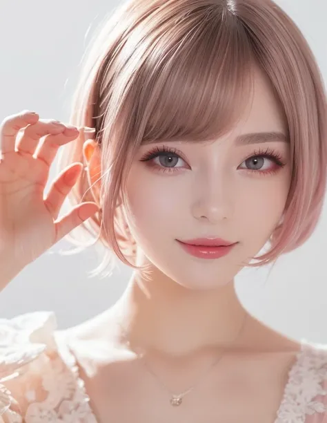  light pink hair , pink eye, Pink and white, Cherry leaves,  brightly colored , white dress, The paint is ,  simple background,  ray tracing,  wave hair　、 face close-up