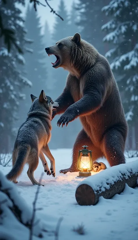 A dramatic and heroic winter scene where a giant, powerful bear intercepts the menacing wolf in the snowy forest. The bear stands on its hind legs, roaring loudly, while the wolf snarls back, ready to attack. The small puppy watches from a safe distance, t...