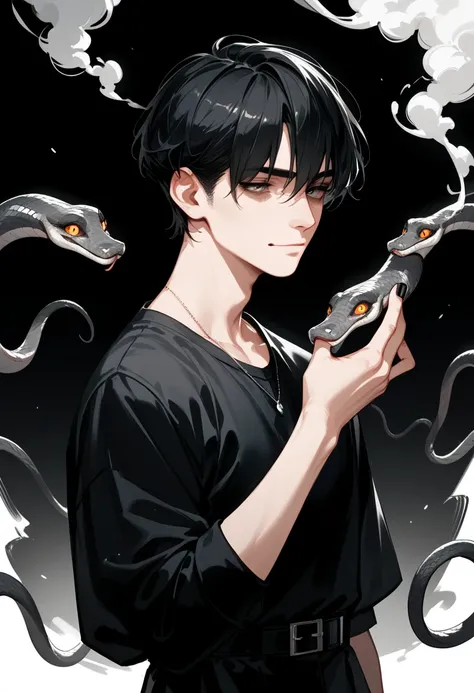 1boy, full figure, (short hair), black hair, black uniform, tired, mad, cruel smile, black smoke, black and white noise, smoke snakes