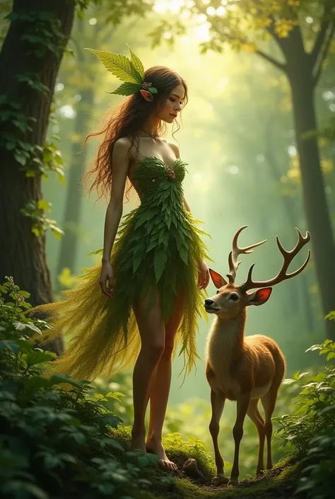 Forest nymph, wearing a short brown and green dress resembling leaves, with a deer beside her in a lush forest.