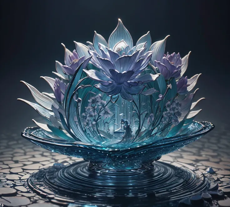   Edo Kiriko Glass Sculpture Masterpiece ， There are beautiful flowers and beautiful fairies inside ，water，The light shines ，Precision、 Film-like lighting by a professional photographer、 amazing on the beach，Japanese Garden Style 、  High Quality  ，  high d...