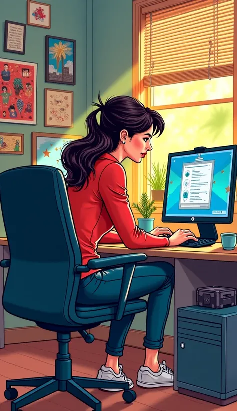 comic book art style of a woman on a computer at home, coordinating a virtual meeting