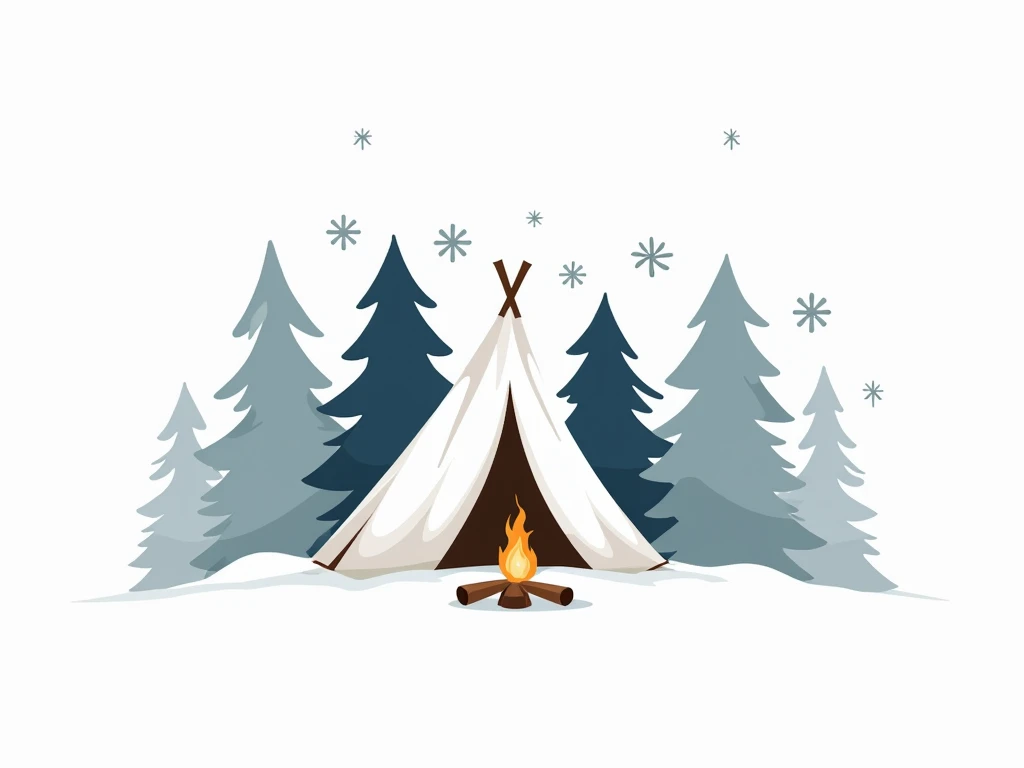 A minimalist vector illustration on a white background showing a small tent with snow on its edges, nestled between stylized pine trees. Include a simple campfire with curved smoke lines and abstract snowflakes around the scene. Use cool tones like blue, w...