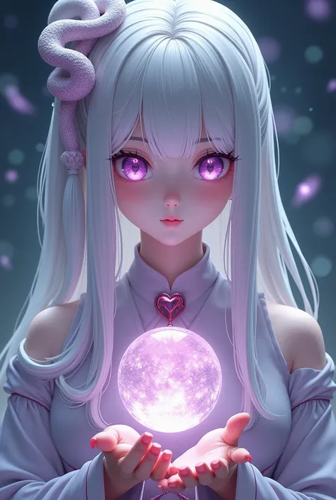 Beautiful shrine maiden with straight white hair
Solos, Good Luck Positive
The face is in front with White snake
glittery
長い髪,  direct your gaze,  purple eyes, heart above the hand 、Hold a crystal ball on your hand