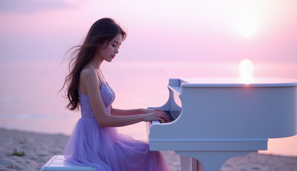  “in a quiet seaside ， The sky is dyed light purple by the first rays of the morning ， A slight glow shines on the sea surface 。 A white crystal piano is placed on a soft beach， The purple glow of the morning light is reflected on the purple glow of the mo...