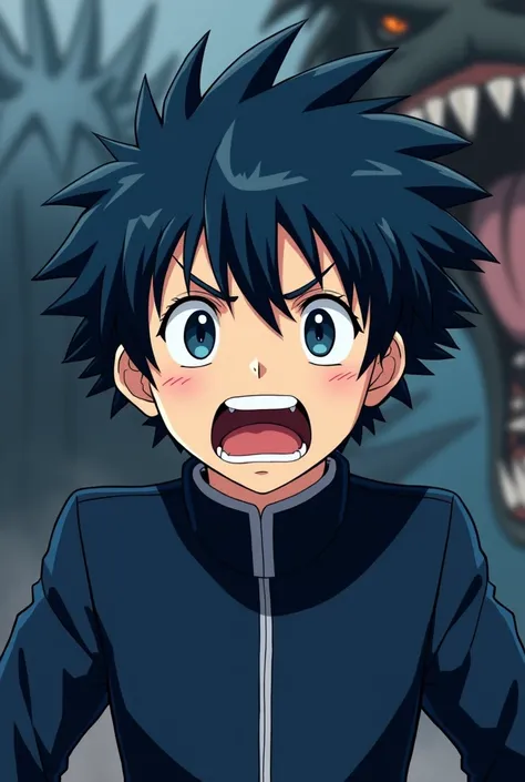 A handsome young man with dark blue hair, wearing a dark blue long-sleeved uniform, his mouth opened with a frightened expression. There is a monster at the back, a close-up of the front, and the overall style is dominated by clear lines and flat color blo...