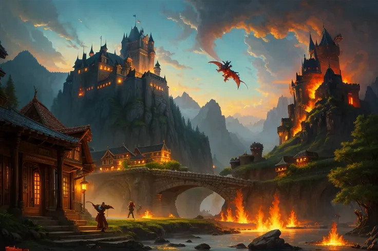  An elaborate painting inspired by {x} Picture with arafe of a picture of a dragon flying over a castle,  Mark Simonetti  ,  Artstation Contest Winner ,  fantasy art,  dragon oil painting ,  dungeon＆ Dragons Art , Dragon Art, 「Fire-breathing dragon」, 8k hi...