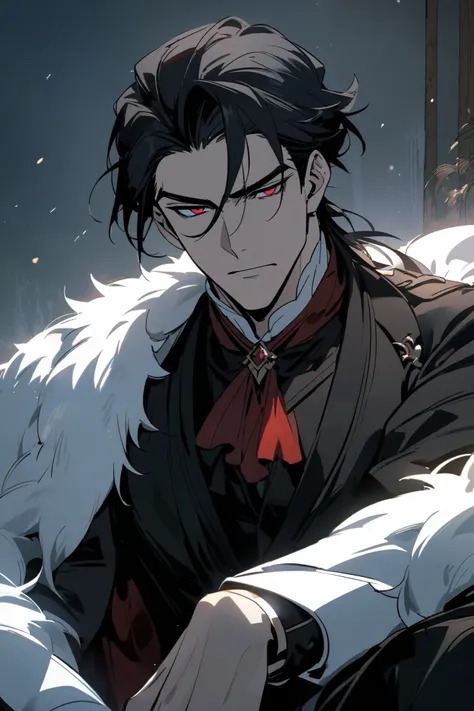 A duke, with black hair red eyes sitting, he is mature with a stoic and cold face he is very handsome