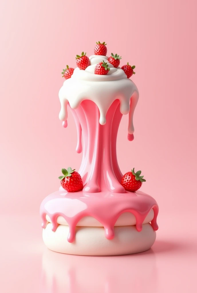 A flat, smooth, and glossy 3D illustration of dripping pink strawberry cream seamlessly merging with white cream layers. The design features embedded cartoon-like strawberries with a playful and soft aesthetic. Avoid creating layered cakes or realistic foo...