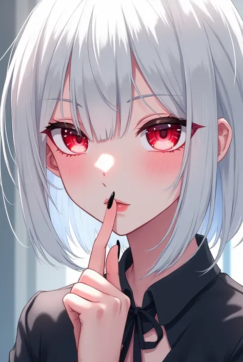  anime girl with white hair,,soft red eyes,black manicure ,puts her finger to mouth ,shonen style 