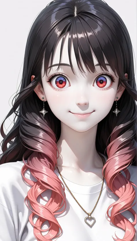 (( best quality)), ((masterpiece)), (be familiar with), Perfect face female, woman, hopeful, smiling, looking at viewer, long hair, wave hair, black hair, red eyes, eyes open, big eyes, pale skin, fair skin, shiny skin, detailed skin, detailed face, tall, ...