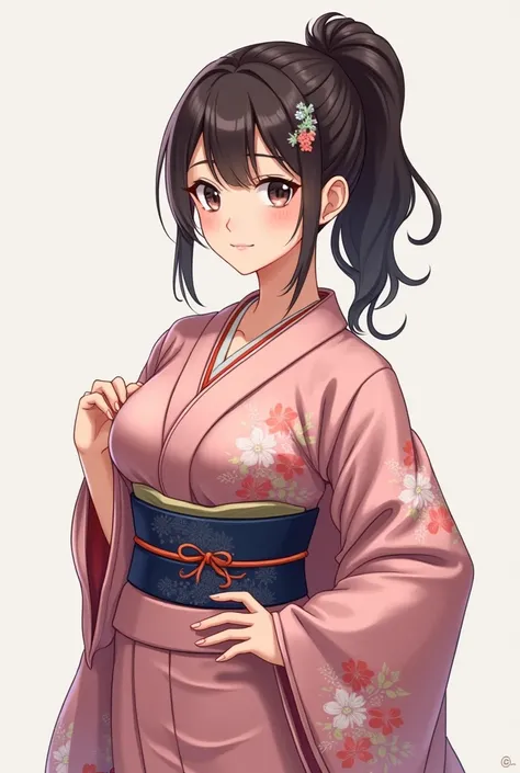  She creates a Japanese woman , that it is anime style, She wears a tight yukata ,  and has a ponytail and hairstyle bangs, Anime style, Who has medium to large breasts