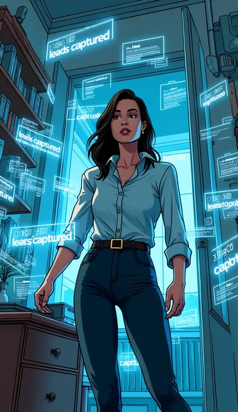 comic book art woman at home surrounded by glowing notifications saying "Leads Captured."