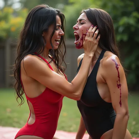 Action photo of 2 various females in pain, after a violent catfight, Colored skinny olympic sexy leotard, backyard with a fighting mat arena at the center, 2 rough hardcore pornstars, lacerations, injuries, wet, sweating, vaginal fluid dripping, screaming ...