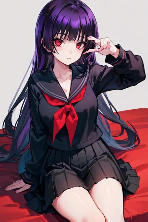 
Yuuko, purple hair, long hair, red eyes, hime cut, blunt bangs, black sleeved seifuku and skirt