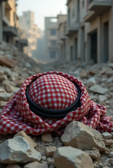 palestinian kofeyya on the rubble