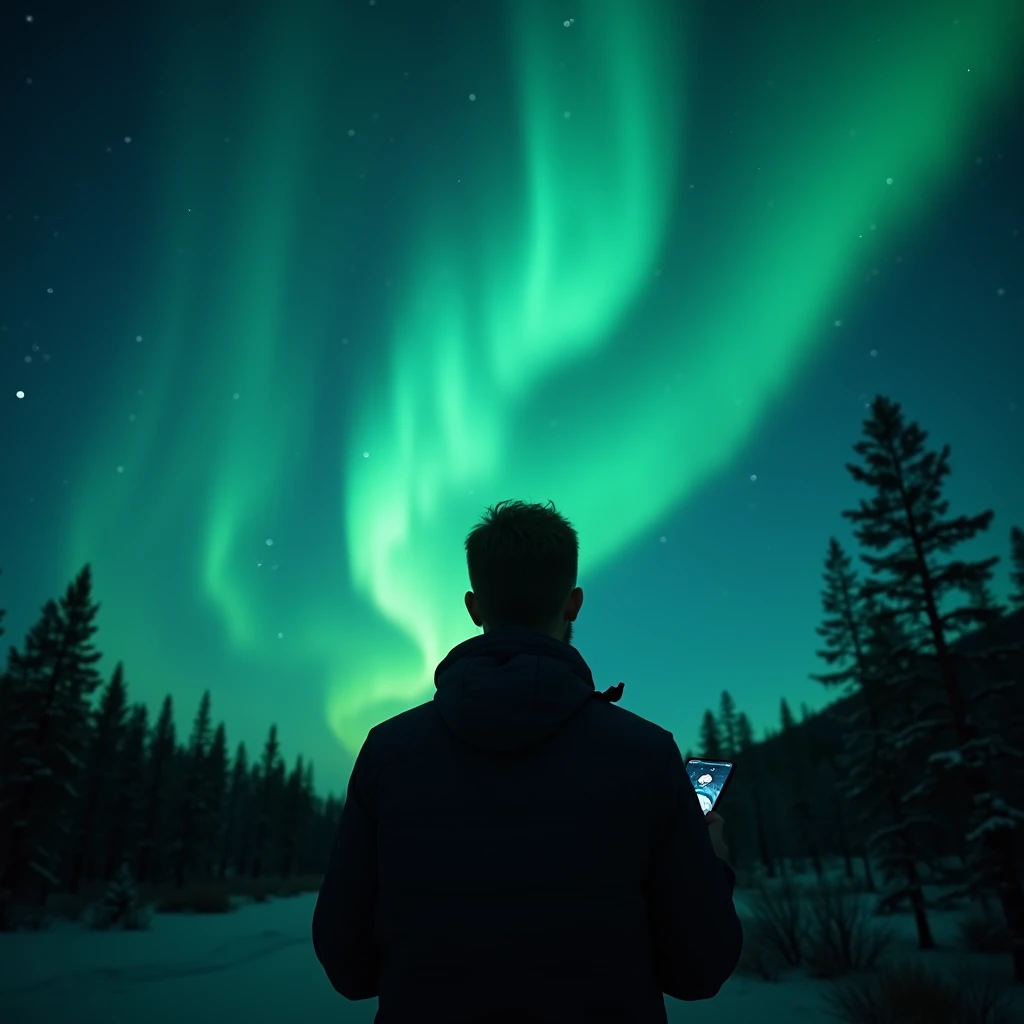 Northern European Sensibility Forest . An aurora formed of lines like a wireless signal (networks)  spreads out beautifully over the sky. Below is a back view of a man with a smartphone looking at the sky