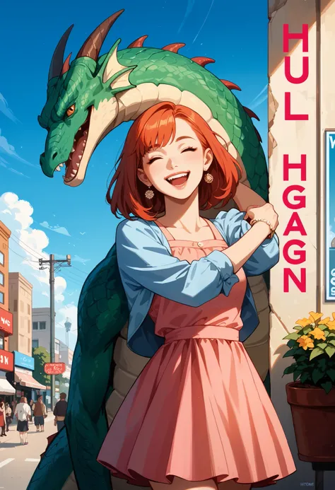 rating_safe, score_9, score_8_up, score_7_up, score_6_up, score_5_up, score_4_up, hires, movie poster, absurdres, perfect anatomy(1girl, dress skirt, large gragon, hugs)(movie of a Dragon and human girl)blue sky, smile, smile, happy, joyful, cinematic ligh...