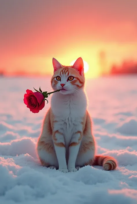 In the pure white snow where the sunset stings, a realistic cat sits alone with a bright red rose in the mouth