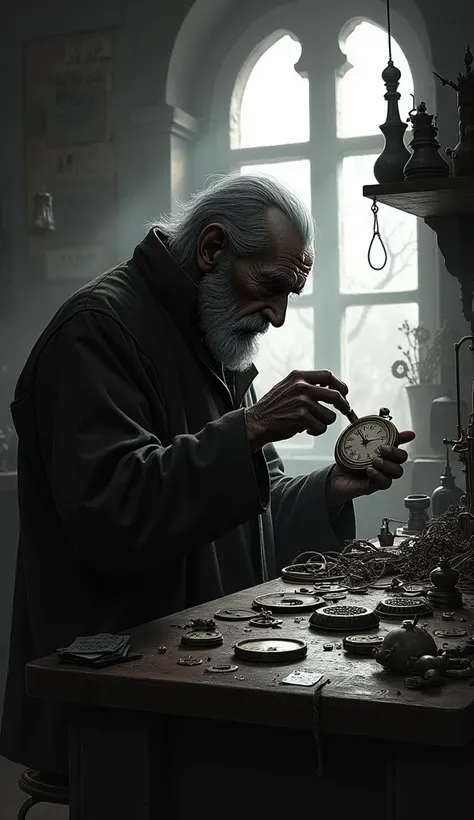 silhouette of an old, hunched clockmaker sits at his bench, his hands adjusting a pocket watch, black ink, wash style animation