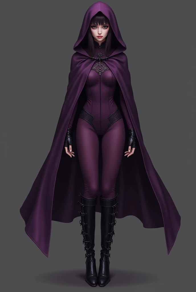 A girl using One dark purple suit, consisting of a short-style bodysuit.
The suit features a long cape with a hood. The hood is designed to frame the face dramatically, adding a sense of mystery.
The knee-high boots are made of black or dark purple leather...