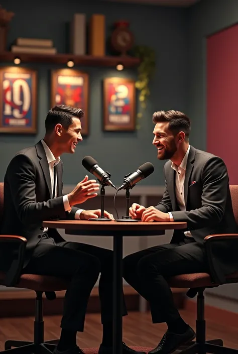 "Ronaldo and Messi sitting together in a podcast studio, engaged in a lively conversation. Ronaldo, wearing a stylish suit, is gesturing passionately, while Messi, in casual attire, listens attentively with a smile. The studio is equipped with microphones,...