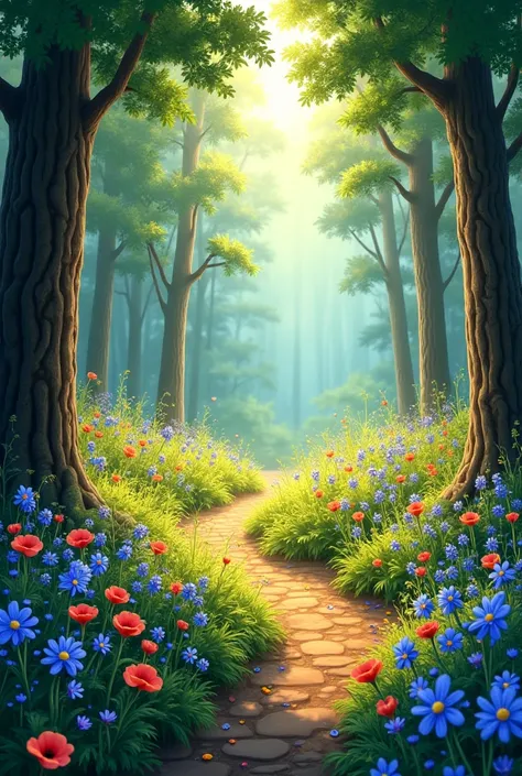 Chat, create a cozy, flower-filled forest in a landscape format 