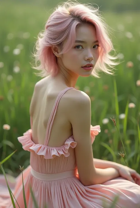 A hyperrealistic image of a young woman seated elegantly in a lush green meadow, her back partially turned to the viewer as she gazes over her shoulder with a calm, enigmatic expression. Her pastel pink hair is tousled slightly by a gentle breeze, adding m...