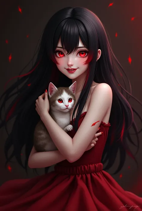  A girl with long black hair with red tips ,  red eyes with a smile showing small fangs, wearing a deep red V-neck dress ,  with a small white cat with brown in her arms  