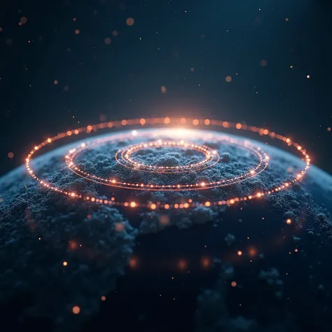  An image of a glowing circular network line representing a wireless signal spreading around the Earth. The effect of light snowfall on the Earth 