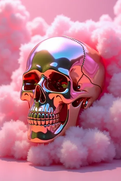 Amazing Skull color  pink chrome and golde 4k color  sitting in t the name Luny in 3D background magenta with clouds color pink looking like cotton candy