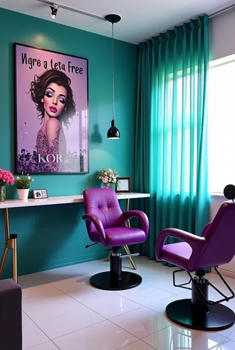  I want a business that has a lashista, a manicurist and a barber and the colors of the place are turquoise, black and purple, that has white walls and I DONT WANT IT DIVIDED INTO 3., I WANT YOU TO ORDER EVERYTHING INSIDE THE LIVING ROOM AND FOR EACH ONE T...