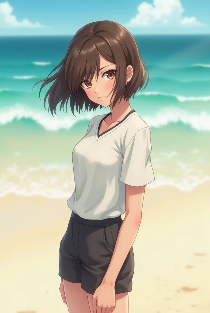 Girl with a serious expression in brown , Smooth and cut just to the shoulders, It waved gently under the salty sea breeze. His elegant and serene bearing stood out even in such a chaotic environment; His movements were measured, His impeccable posture. Hi...