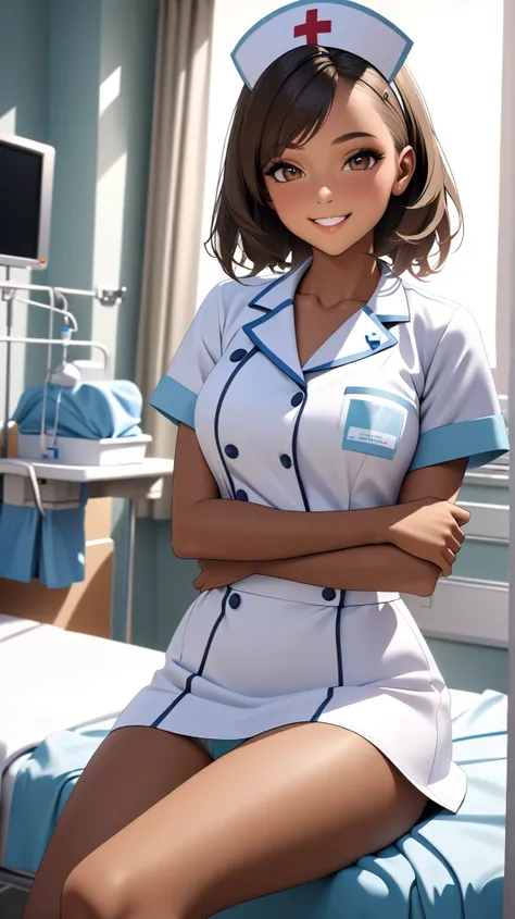 Ultra HD, Photorealistic, Gal in a nurses uniform, Brown skin, (Stylish underwear), 20-year-old, hospital room, smile