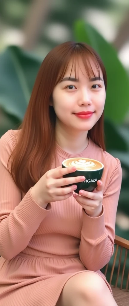 An exquisite photograph of a Korean woman, dressed casually in a stylish outfit, sitting in a cozy outdoor coffee shop surrounded by nature. Shes holding a steaming cup of coffee labeled with the "NGADI", taking a break from her busy life to enjoy the chil...