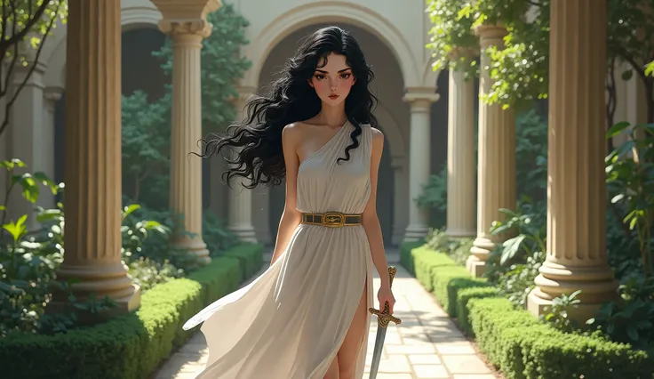 Beautiful black haired girl, holding a dagger, long hairs, curly black hairs, NARROW FACE, NARROW FACE, VERY NARROW FACE, big boobs, porcelain skin, A GAROTA TEM O ROSTO ESTREITO DE TRAÇOS FINOS, O ROSTO DA GAROTA É FINO, o vestido tem apenas uma alça, ves...