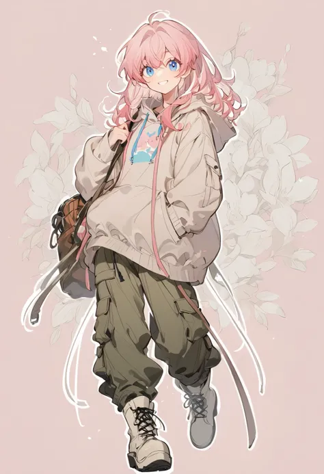 soft lines , girl , A playful smile , hoodie parka , sweater inside, cargo pants, boots , pink hair , blue eyes , Background that suits the character