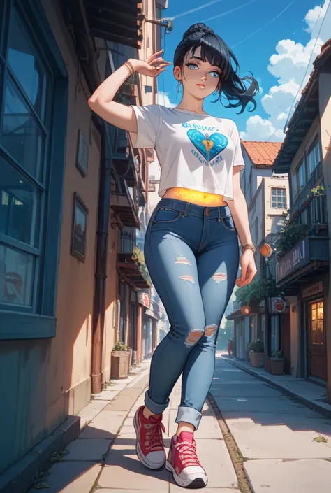 A female anime character with an oval face, glowing skin, and large, round sky-blue eyes. She has full lips, thin eyebrows, and long, straight black hair with a slightly spiky texture. Dressed in a simple t-shirt, jeans, and comfortable shoes, she exudes e...