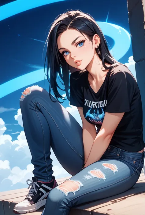 A female anime character with an oval face, glowing skin, and large, round sky-blue eyes. She has full lips, thin eyebrows, and long, straight black hair with a slightly spiky texture. Dressed in a simple t-shirt, jeans, and comfortable shoes, she exudes e...