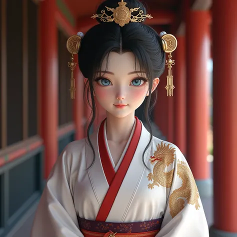 ( highest quality、Mesa、8k、  better image quality )、( Beautiful perfect Japanese shrine maiden :1.1)、 light blue eyes  , ( The perfect and most natural white robe of a shrine priestess embroidered with cross stitch Chinese dragons in their kimono :1.3)、( Th...