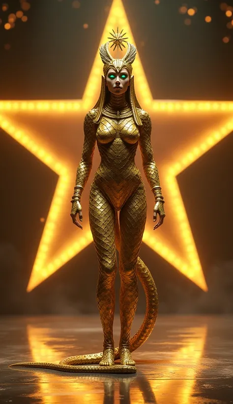  A humanoid with golden skin covered with glistening scales that capture stage light.  Her bright green eyes mesmerize the audience ,  while her arms are covered with scales that transform into living serpents .  Her body merges into a long rattlesnake tai...