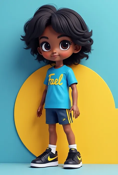  I want you to create an image with a blue and yellow background with a little brunette doll with only black hair and a black eye with a blue shirt written on it Fael and I want shorts and black with white shoes from Nike