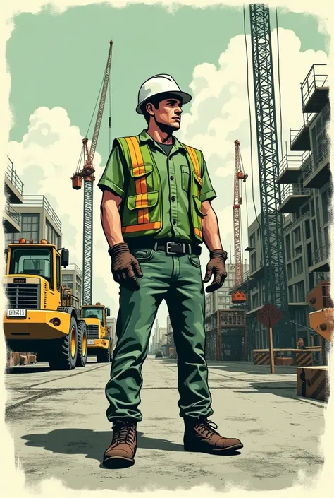 construction logo , vintage style that refers to clothing, Construction workers doing work, construction site with big machines as background, illustration with black outline, wearing green vest and white helmet, full body