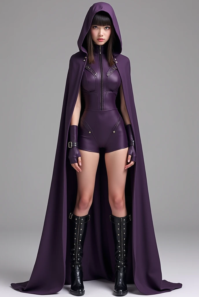 A girl using One dark purple suit, consisting of a bodysuit Mixed with  shorts 
The suit features a long cape with a hood. The hood is designed to frame the face dramatically, adding a sense of mystery.
The knee-high boots are made of black or dark purple ...