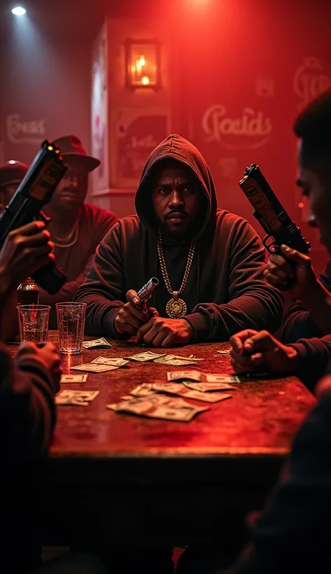 " A speakeasy illuminated by faint lights and reddish tones ,  with a group of men around a wooden table marked by scratches and burns. The protagonist,  a man wearing a rapper-style hoodie and gold chains around his neck, Is seated in the center of the sc...