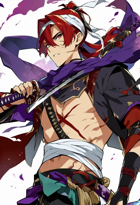 a young man, red hair and black ponytail, a mixed ninja and sorcerer outfit, has intense red eyes, has two scars under his eye, a katana wrapped in white bandanas, high definition 8k