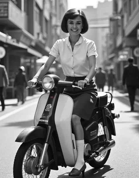 Magazine front cover " Screen " written in middle Red decoration letters at the upon the screen, Black and White Photographic, 1970 years, Riding Hondas motorcycle Cub on a holiday in Tokyo , Side view, full body, looking at viewer, Audrey Hepburn, 25-age,...